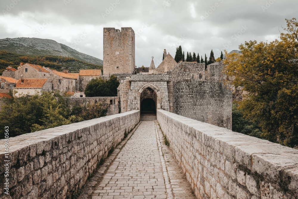 Obraz premium A historic stone bridge extends towards a medieval fortress under a cloudy sky, surrounded by lush greenery and mountainous landscape, evoking timelessness and mystery.
