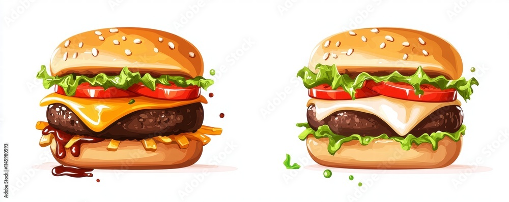 Delicious gourmet burgers with cheese and fresh vegetables fast food restaurant digital artwork bright colors top view culinary delight Delicious gourmet burgers with cheese and fresh vegetables fast food restaurant digital artwork bright colors top view culinary delight