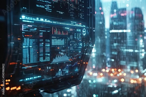 Futuristic screen displays data; city night blurred background.