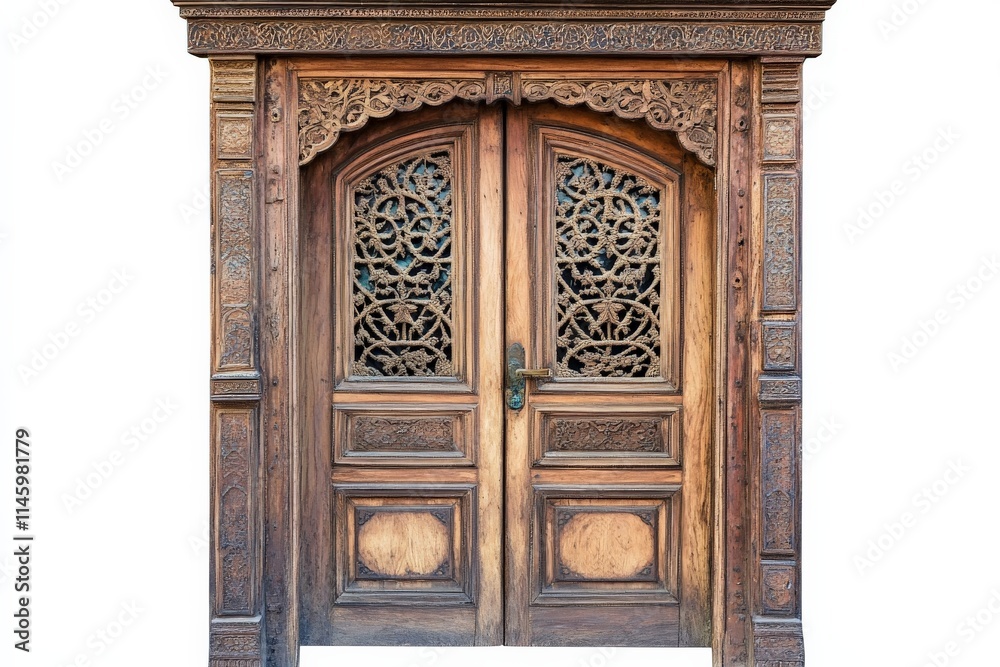 A rustic wooden door with intricate carvings and classic design, evoking a warm, historical charm, suitable for traditional or vintage-style architecture. A rustic wooden door with intricate carvings and classic design, evoking a warm, historical charm, suitable for traditional or vintage-style architecture.