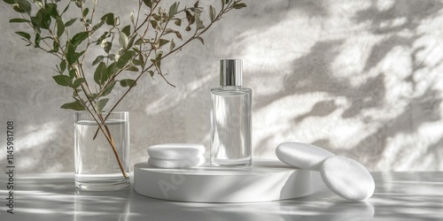 Cosmetic glass bottle featuring face toner displayed on a podium alongside cotton pads, ideal for enhancing your skin care step routine effectively. Perfect for any cosmetic collection.
