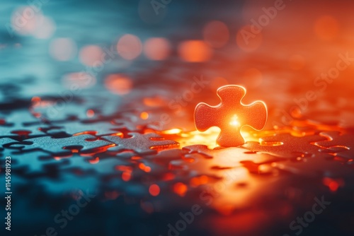Problems solution creative concept. Glowing Puzzle Piece Among the Pieces on a Reflective Surface in Soft Lighting