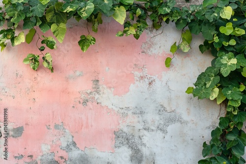 Wallpaper Mural Textured wall with peeling pink paint and green vines growing over it, creating a natural contrast between the colors. Torontodigital.ca