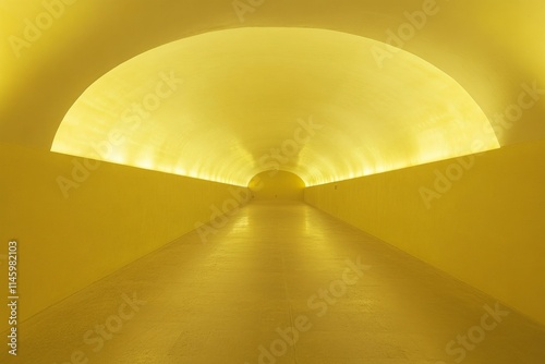 A vividly colored yellow tunnel featuring smooth, arched ceilings and a softly illuminated ambiance that creates a playful yet orderly visual experience. photo