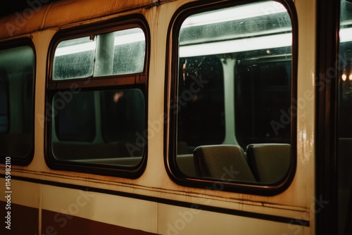 A bus with three windows and a seat in front of it, suitable for travel or school use