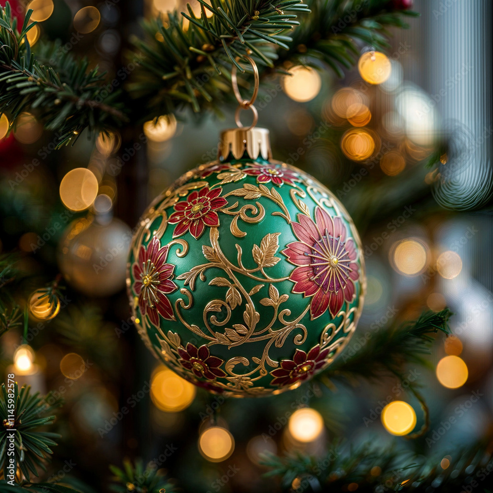 The image features a close-up view of a Christmas tree decorated with a vibrant green bauble adorned with intricate floral designs in red and gold. The tree is also illuminated with warm, blurred ligh The image features a close-up view of a Christmas tree decorated with a vibrant green bauble adorned with intricate floral designs in red and gold. The tree is also illuminated with warm, blurred ligh