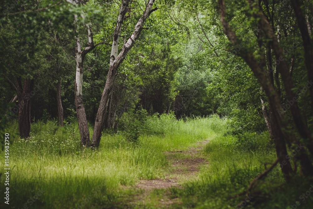A winding dirt path leads through a dense and vibrant green forest, perfect for hiking or nature photography A winding dirt path leads through a dense and vibrant green forest, perfect for hiking or nature photography
