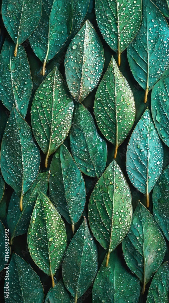 Obraz premium A pile of green leaves with water droplets on them, creating an elegant and natural background. 