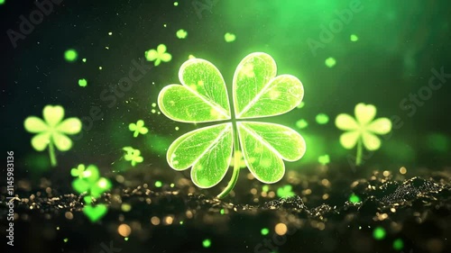 Lush green four-leaf clover on a radiant background with glittering particles. Happy St. Patrick's Day. Saint Patrick