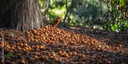 Brown dry sheoak nuts scattered on the ground from a casuarina sheoak tree offer nourishment for various birds, including corellas, during an early autumn morning. These sheoak nuts attract wildlife. photo