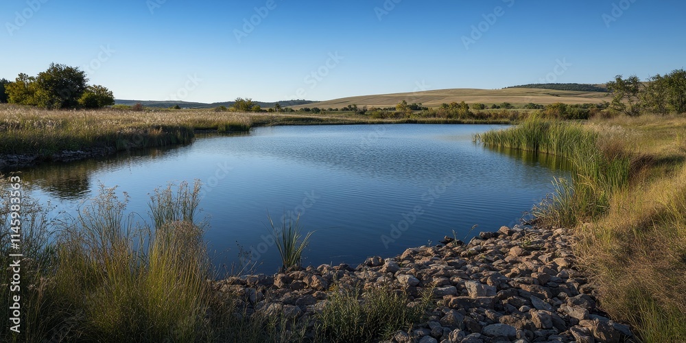 Manmade reservoir surrounded by natural habitat designed to support native species and wildlife, showcasing the delicate balance between human creation and nature s ecosystem. Manmade reservoir surrounded by natural habitat designed to support native species and wildlife, showcasing the delicate balance between human creation and nature s ecosystem.