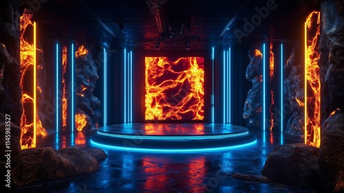 Dramatic Lava Wall with Neon Highlights on Stage - Made with Generative AI photo