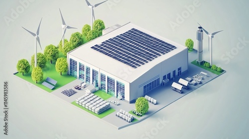 isometric A modern data center powered by renewable energy, with solar panels and wind turbines nearby
