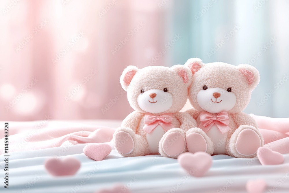 Two adorable teddy bears cuddle on a cozy bed, surrounded by vibrant hearts, evoking a sweet and romantic atmosphere perfect for Valentine's Day. Two adorable teddy bears cuddle on a cozy bed, surrounded by vibrant hearts, evoking a sweet and romantic atmosphere perfect for Valentine's Day.