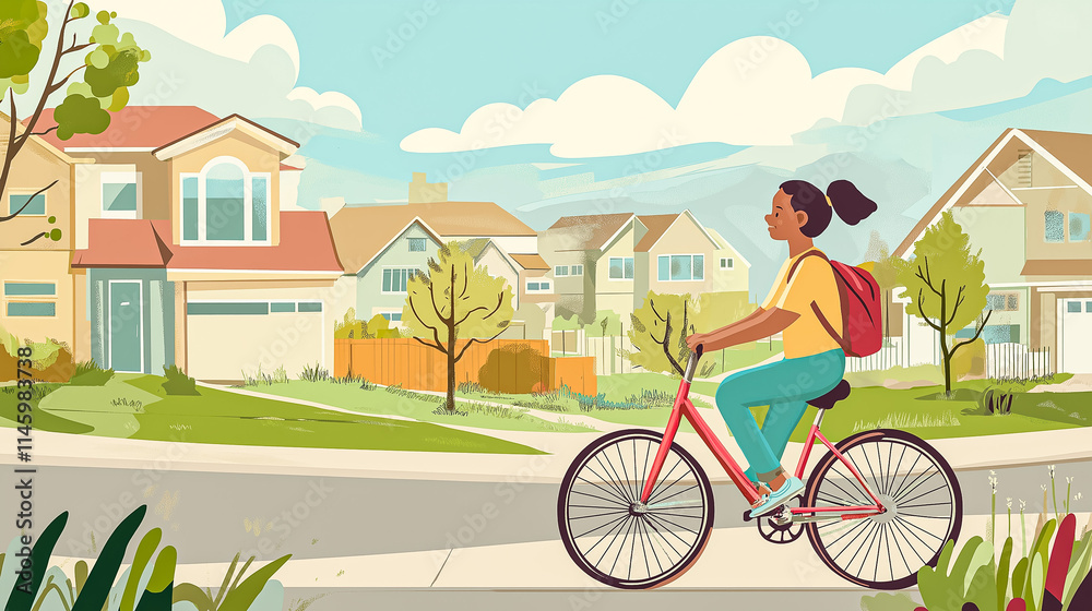 Naklejka premium Cycling Through the Suburbs