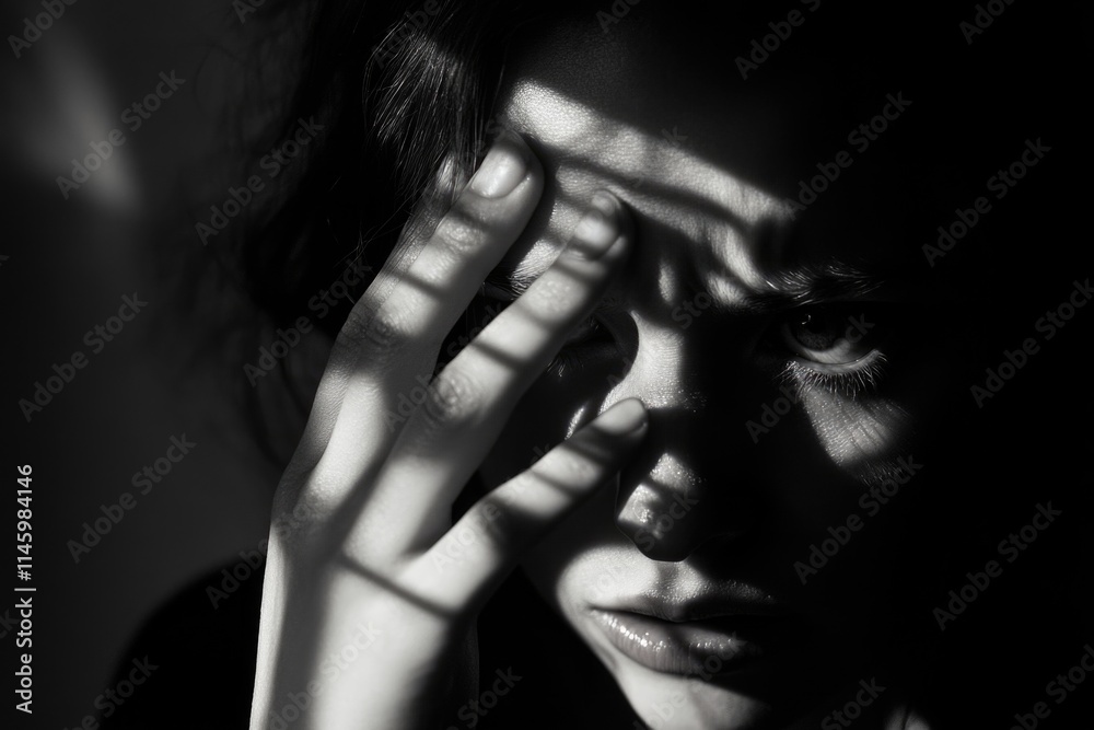 A black and white photograph of a woman holding her hand to her face, conveying emotions A black and white photograph of a woman holding her hand to her face, conveying emotions