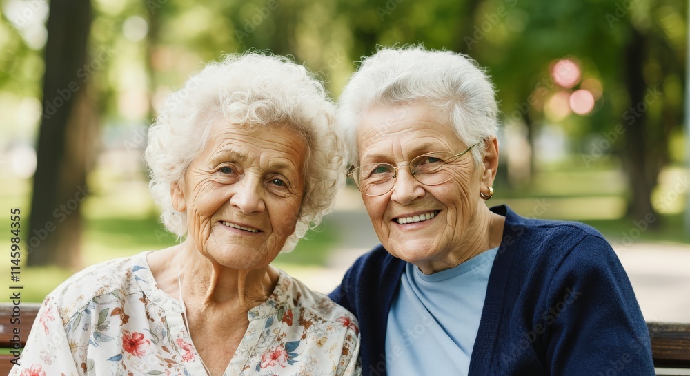 Two elderly caucasian women enjoying time together outdoors in a park setting Two elderly caucasian women enjoying time together outdoors in a park setting