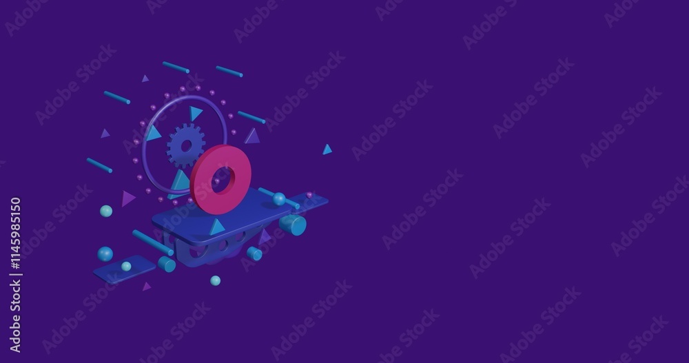 Pink record media symbol on a pedestal of abstract geometric shapes floating in the air. Abstract concept art with flying shapes on the left. 3d illustration on deep purple background Pink record media symbol on a pedestal of abstract geometric shapes floating in the air. Abstract concept art with flying shapes on the left. 3d illustration on deep purple background