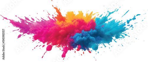 A Powerful and Vibrant Multicolor Powder Explosion, Forming a Magnificent Cloud of Bright, Radiant Colors and Dust That Fills the White Background in a Captivating Display of Dynamic Motion.