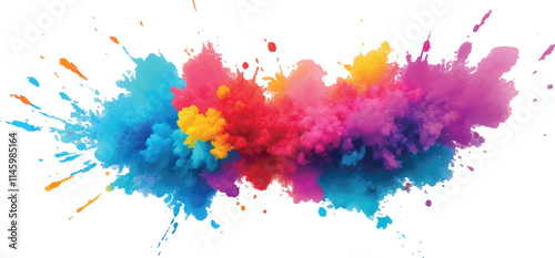 A Powerful and Vibrant Multicolor Powder Explosion, Forming a Magnificent Cloud of Bright, Radiant Colors and Dust That Fills the White Background in a Captivating Display of Dynamic Motion.
