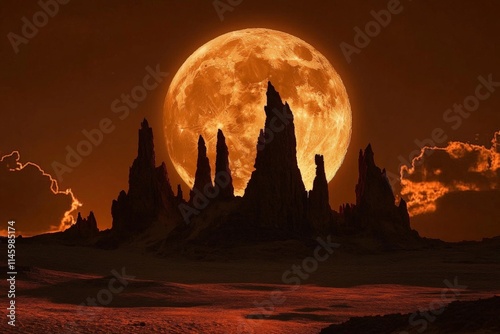An ethereal shot features jagged rock formations silhouetted against a colossal full moon, casting a mystical and otherworldly ambiance in this surrealistic landscape.
