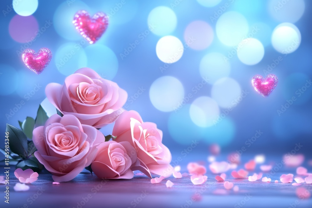 A romantic scene unfolds as vibrant roses and delicate hearts create a whimsical display on a charming table set against a soothing blue backdrop. A romantic scene unfolds as vibrant roses and delicate hearts create a whimsical display on a charming table set against a soothing blue backdrop.