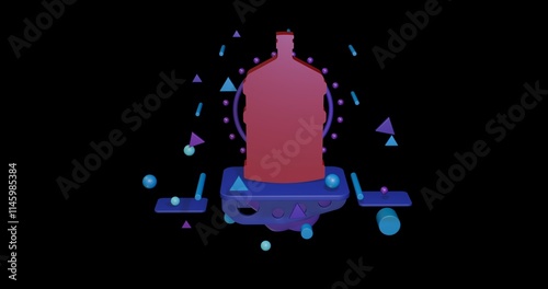 Red a large bottle of water symbol on a pedestal of abstract geometric shapes floating in the air. Abstract concept art with flying shapes in the center. 3d illustration on black background