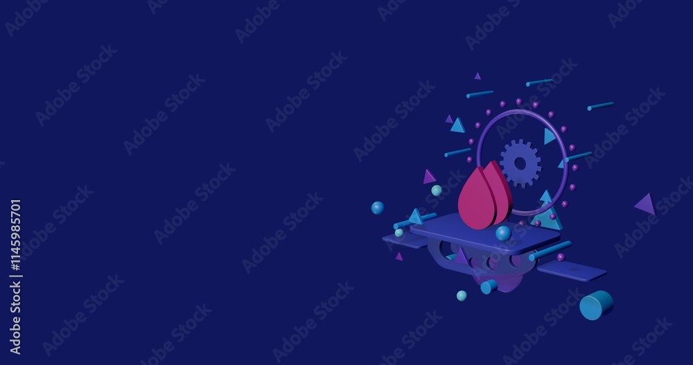 Naklejka premium Pink water drop symbol on a pedestal of abstract geometric shapes floating in the air. Abstract concept art with flying shapes on the right. 3d illustration on indigo background