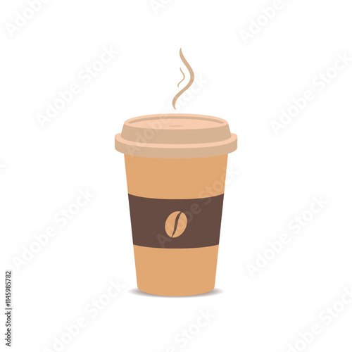 A clean, minimalist illustration of a to-go coffee cup with a beige lid and a brown sleeve featuring a coffee bean logo. Steam rises from the cup, making it ideal for coffee-related branding or design