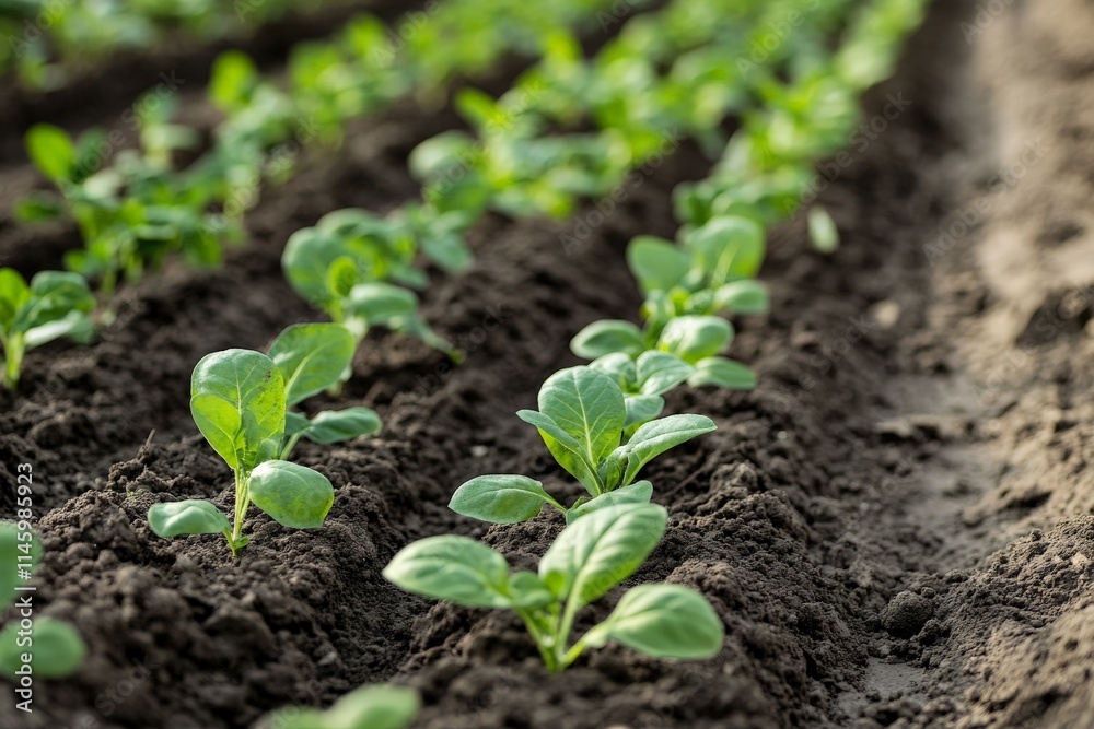 A vibrant image shows young green plants growing in neat rows presented outdoors, showcasing the vitality and careful agricultural arrangement in the soil. A vibrant image shows young green plants growing in neat rows presented outdoors, showcasing the vitality and careful agricultural arrangement in the soil.