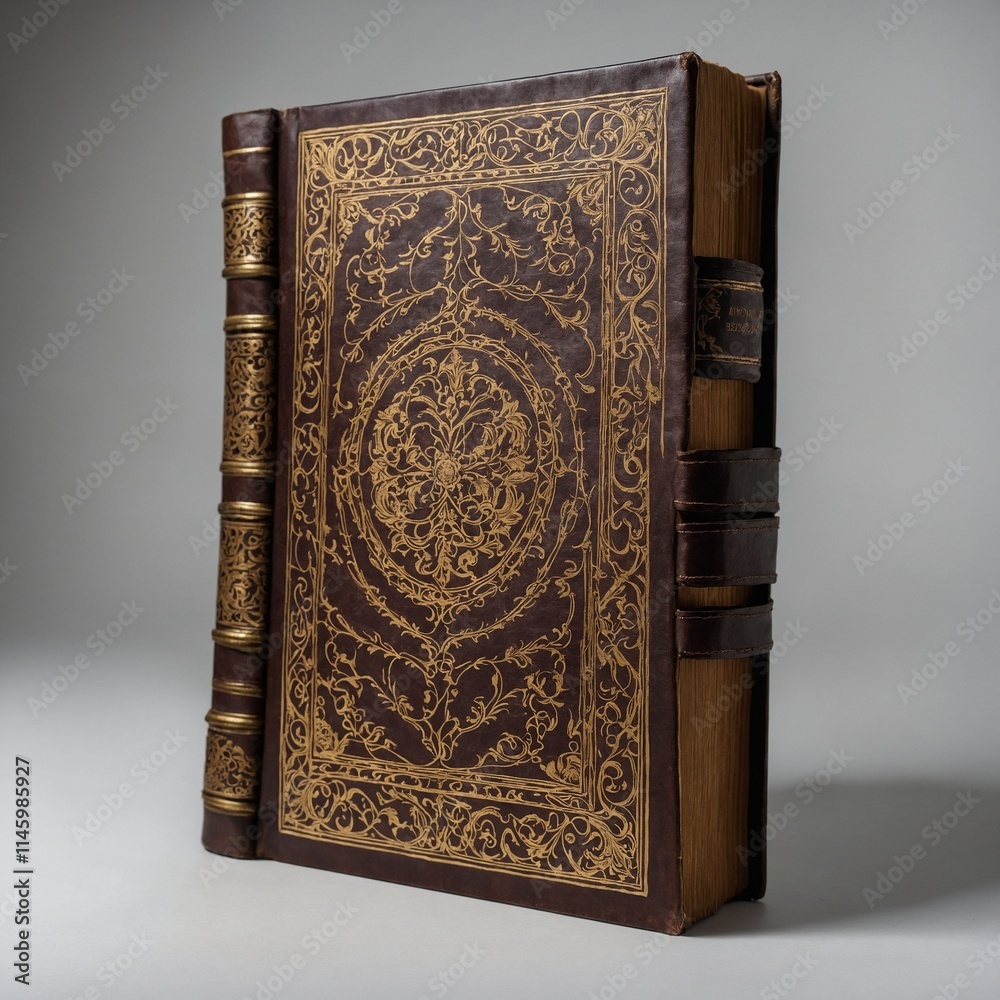 Fototapeta premium A leather-bound book with an antique design, isolated on a white background.
