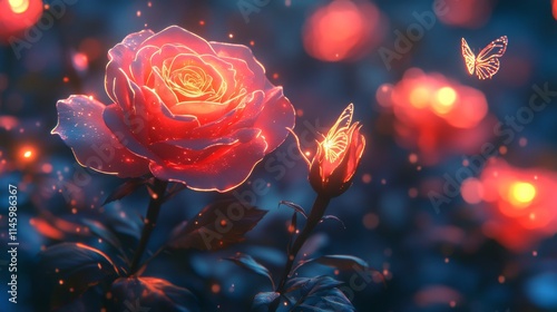 Fototapeta Naklejka Na Ścianę i Meble -  Neon roses bloom in a magical garden filled with enchanting butterflies and vibrant lights