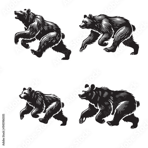 4 Set of Black Running Bear Silhouettes Isolated on White Background photo