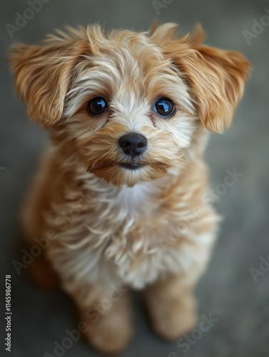 Adorable fluffy puppy sitting and looking up with curiosity