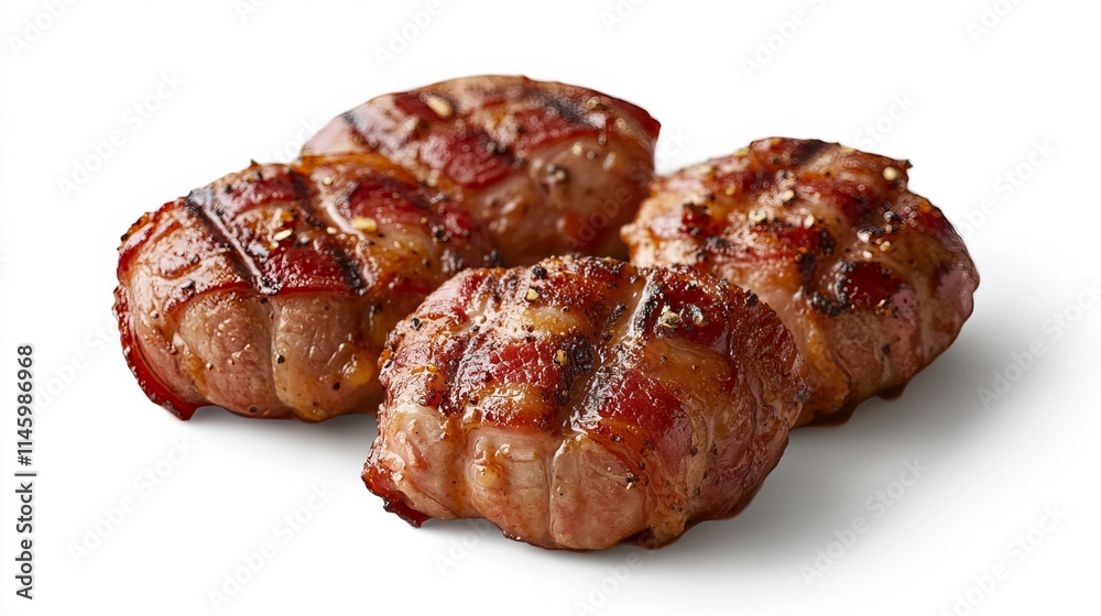 Plump pork medallions, enveloped in crisp bacon, stand alone against a pure white expanse, tantalizingly inviting culinary indulgence. Plump pork medallions, enveloped in crisp bacon, stand alone against a pure white expanse, tantalizingly inviting culinary indulgence.