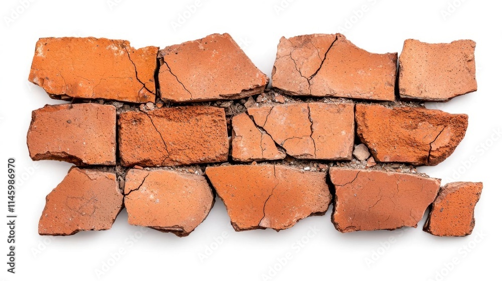A photostock of broken brick walls with visible cracks and debris, isolated on a clean white background, textured and realistic, High Quality