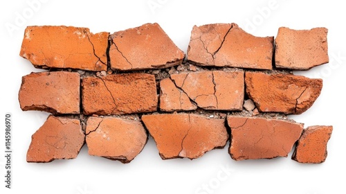 Obraz na płótnie A photostock of broken brick walls with visible cracks and debris, isolated on a clean white background, textured and realistic, High Quality w salonie