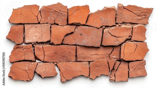 A photostock of broken brick walls with visible cracks and debris, isolated on a clean white background, textured and realistic, High Quality
