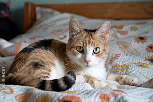 Wallpaper Mural A Manx cat comfortably resting on a cozy bed covered with a colorful quilt in a sunny room Torontodigital.ca