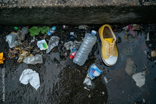 Amidst a polluted street gutter, a bright yellow sneaker lies surrounded by plastic bottles, bags, and other garbage, showcasing environmental negligence and urban waste.
