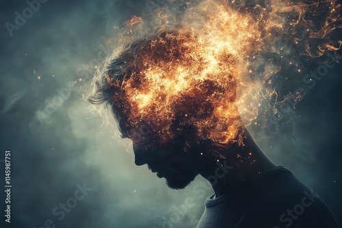 Man feeling mental health problems symbolized by burning head