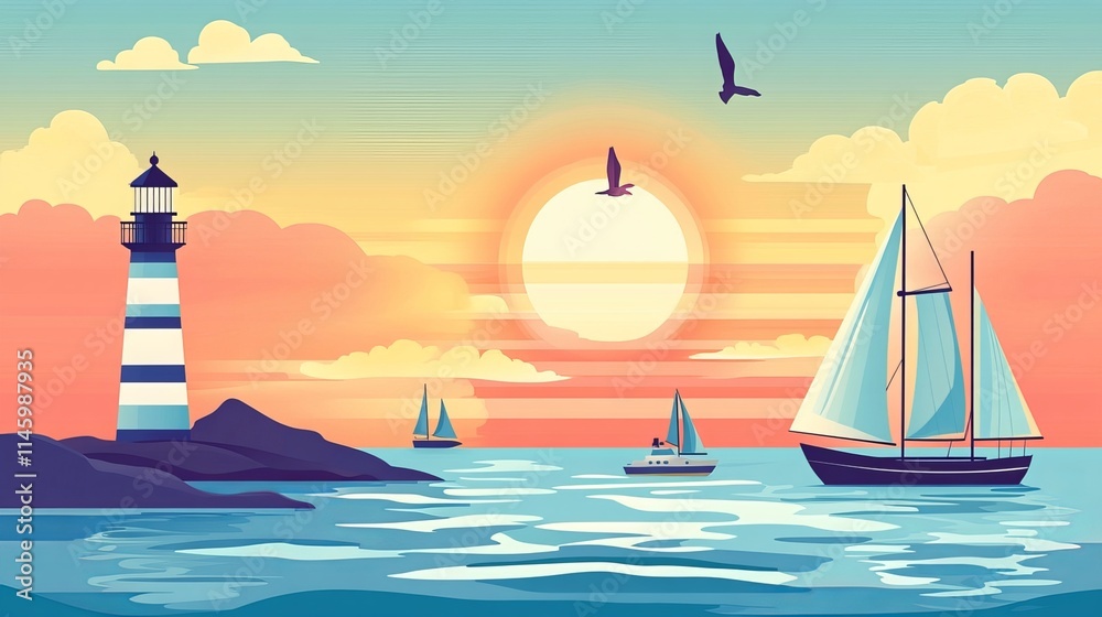 Naklejka premium Serene seascape in a horizontal flat style background. Summery banner featuring ships, a lighthouse, and a boat. Vivid vector illustration with a maritime theme.