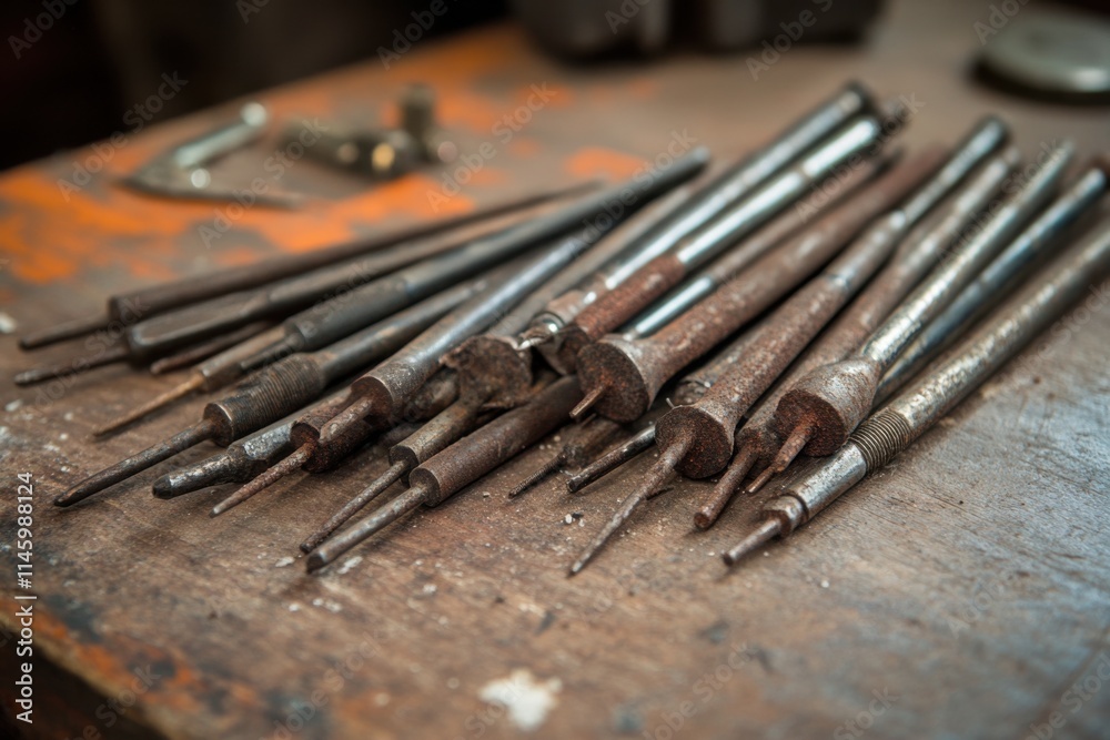 Exploring a collection of old rusted screwdrivers on a dusty workshop table tools and hardware inspection industrial environment close-up view vintage concept Exploring a collection of old rusted screwdrivers on a dusty workshop table tools and hardware inspection industrial environment close-up view vintage concept