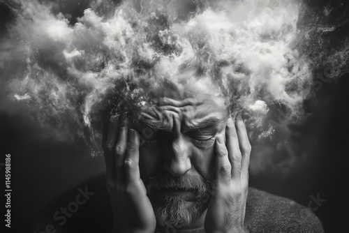 Man suffering from mental health issues holding head with clouds representing thoughts photo