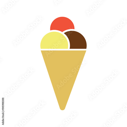 Minimalist ice cream cone illustration featuring three scoops of different flavors in a waffle cone. Perfect for use in food-related designs, summer promotions, and dessert-themed graphics.