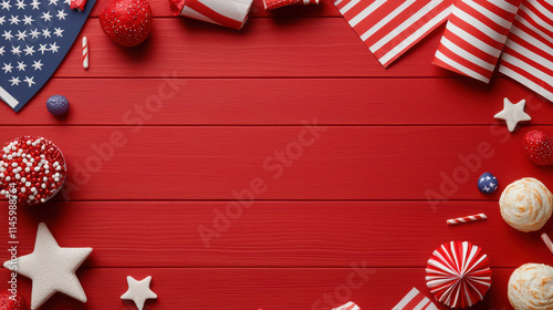 Festive red background with decorations, sweets, and patterns for celebrations photo