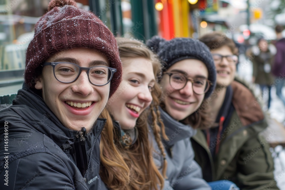 Group of happy young people having fun in the city in winter. Group of happy young people having fun in the city in winter.