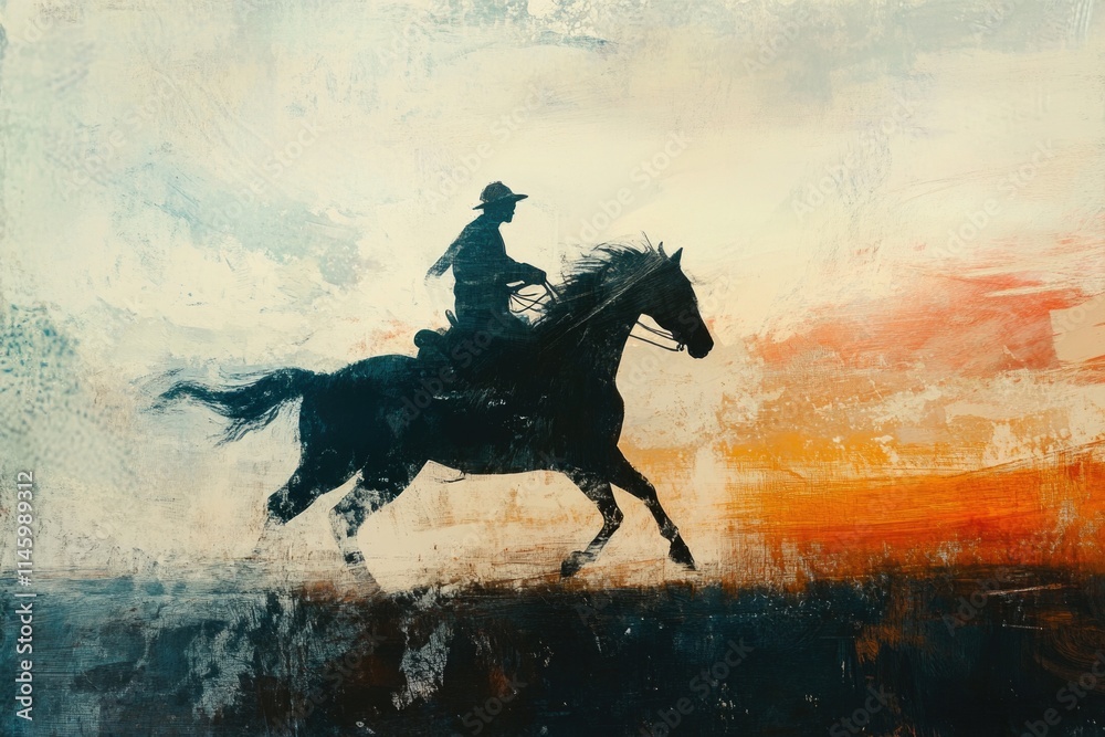 A person riding a horse, suitable for use in scenes of adventure, travel or action A person riding a horse, suitable for use in scenes of adventure, travel or action