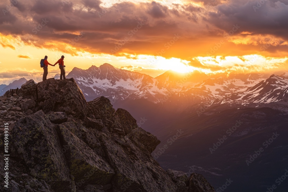 Two silhouetted hikers hold hands at the peak of a mountain during sunset, with vibrant colors illuminating the sky, symbolizing unity and connection amidst nature’s beauty. Two silhouetted hikers hold hands at the peak of a mountain during sunset, with vibrant colors illuminating the sky, symbolizing unity and connection amidst nature’s beauty.
