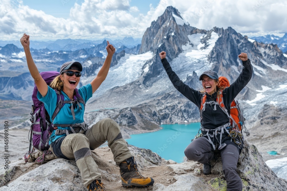 Obraz premium Two hikers cheerfully celebrate reaching a mountain summit, surrounded by breathtaking snowy peaks and a clear turquoise lake under a bright blue sky.